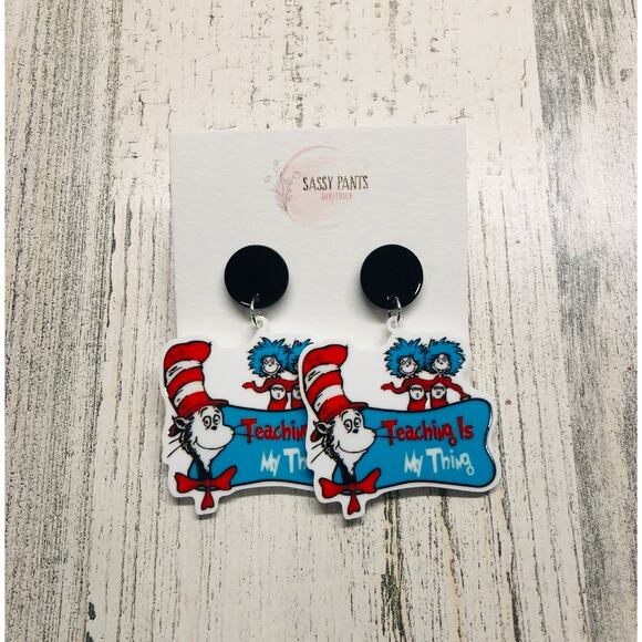 Dr. Seuss Teaching is my Thing Cat in Hat Earrings New - Picture 1 of 1